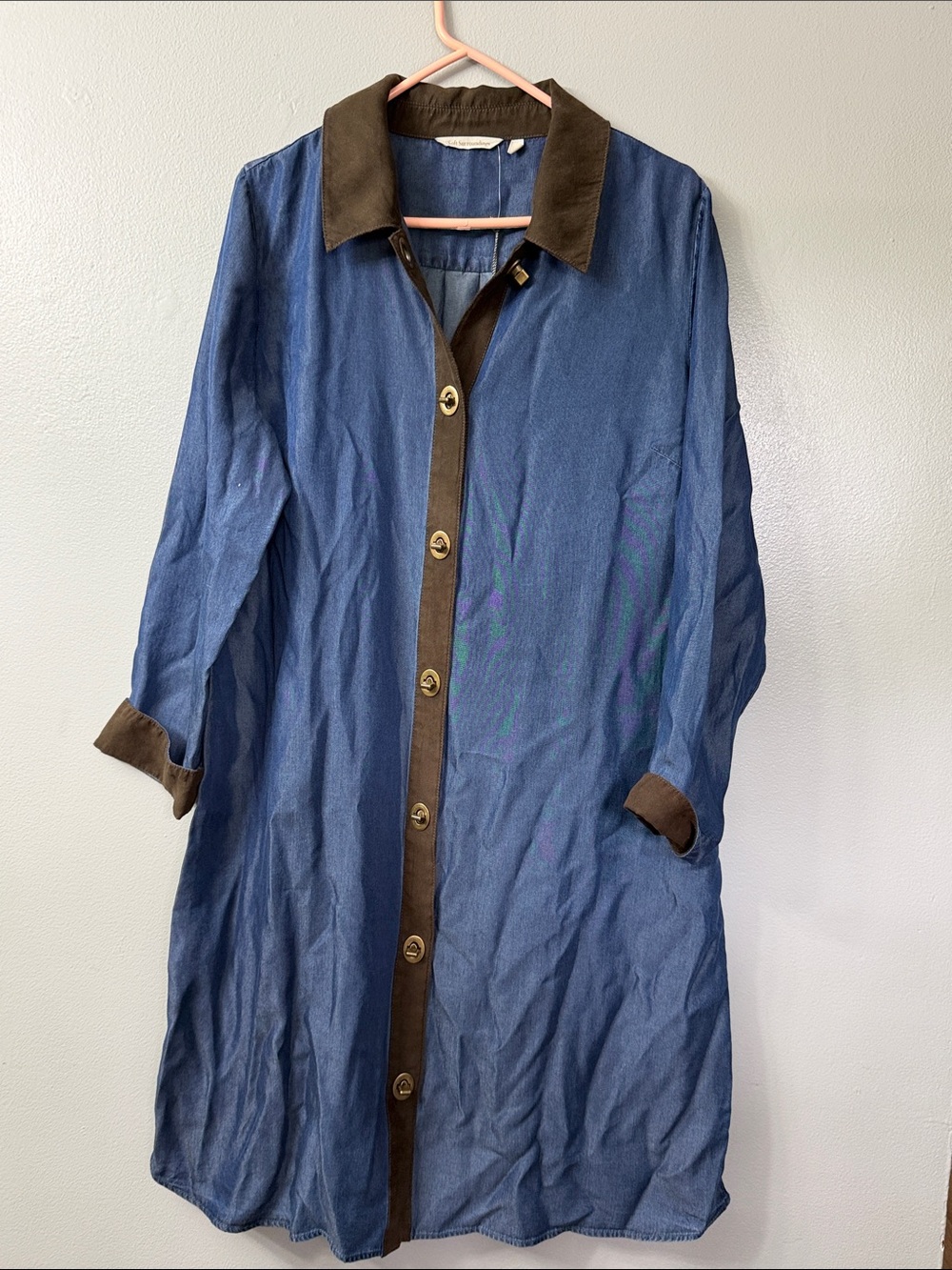 Soft Surroundings Icons Urbina Chambray Faux Suede Toggle Brass Button Dress L - Picture 2 of 6